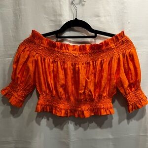 Positano Couture by Blitz Orange Linen Cropped Blouse Off Shoulder Size S